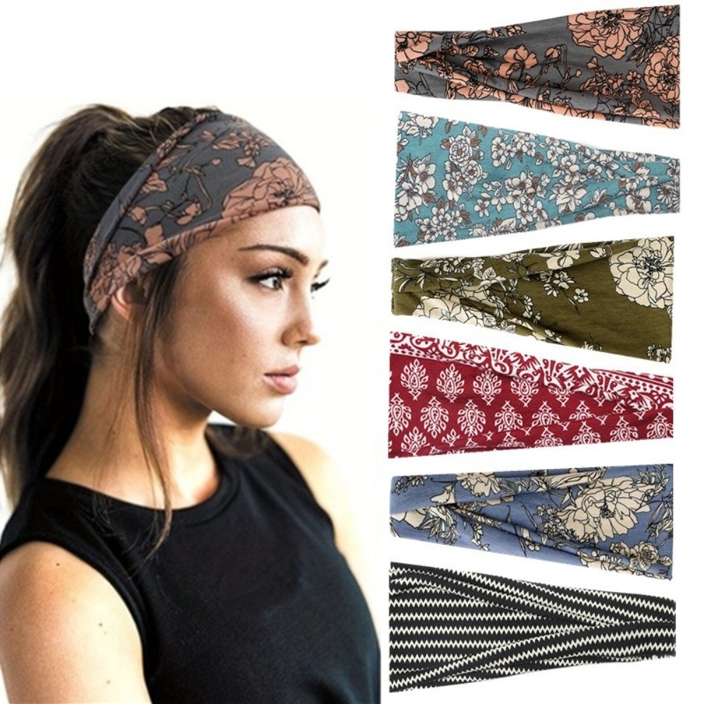 Bandeau de cheveux imprimé floral style bohème, absorbant la transpiration, antidérapant, large, doux, accessoires pour cheveux, bandeau croisé pour le sport