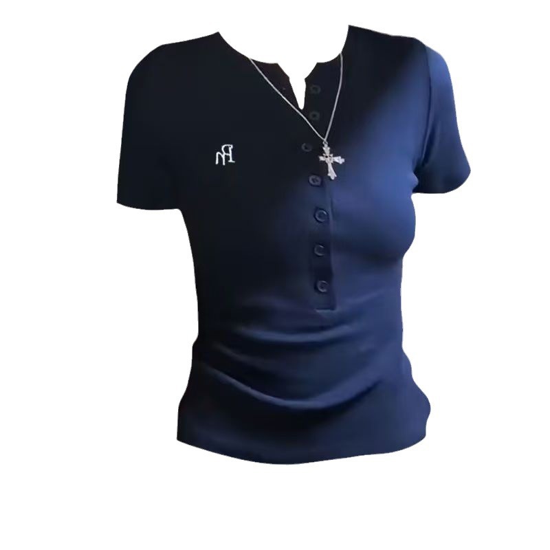 T-shirt pour femme style américain, col semi-ouvert, coupe ajustée, manches longues, décontracté, pour le printemps et l'automne, à porter en dessous ou comme haut.