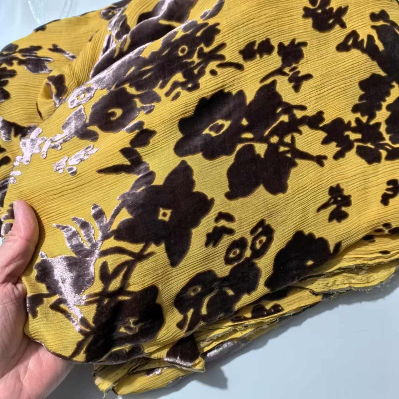 Robe Cheongsam en Velours pour Femme, Crêpe Inicante, Écharpe Mûre, Brûlé, Flottant, Grille au Mètre, Plante, Fleur