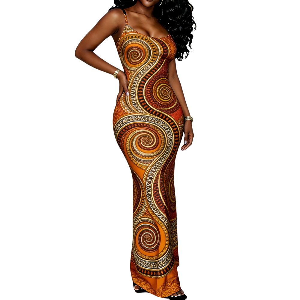 Robe longue décontractée d'été pour femme, élégante, à fines bretelles, en polyester, style africain Ankara, cintrée à la taille