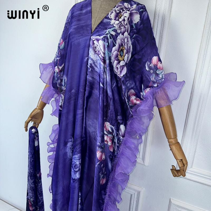 WINYI Robe de soirée d'été élégante et confortable à manches bouffantes, imprimé Abaya pour femmes, Kaftan féminin, Abaya Ramadan, Luxe Dubaï