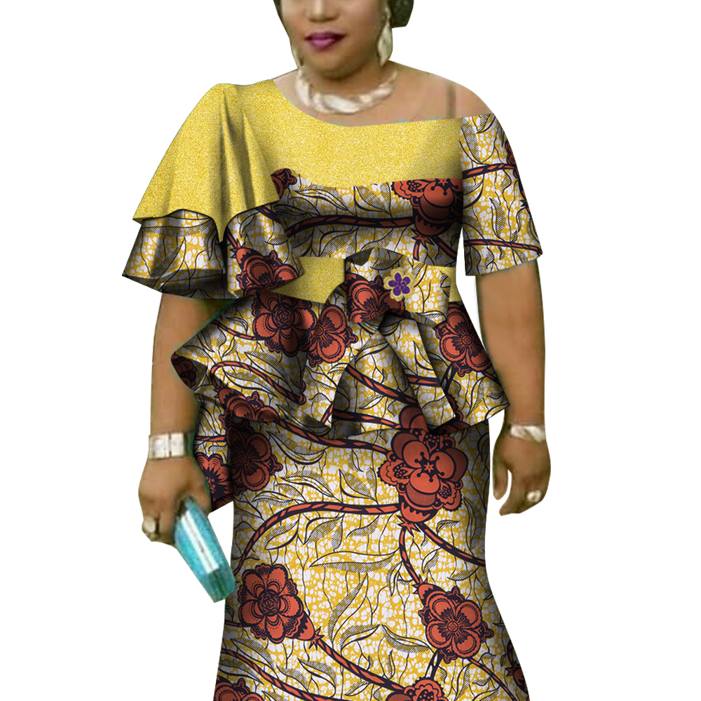Ensembles hauts et jupe imprimés à manches à volants africains pour femmes Bazin Riche vêtements africains 2 pièces ensembles de jupes personnalisés WY4392