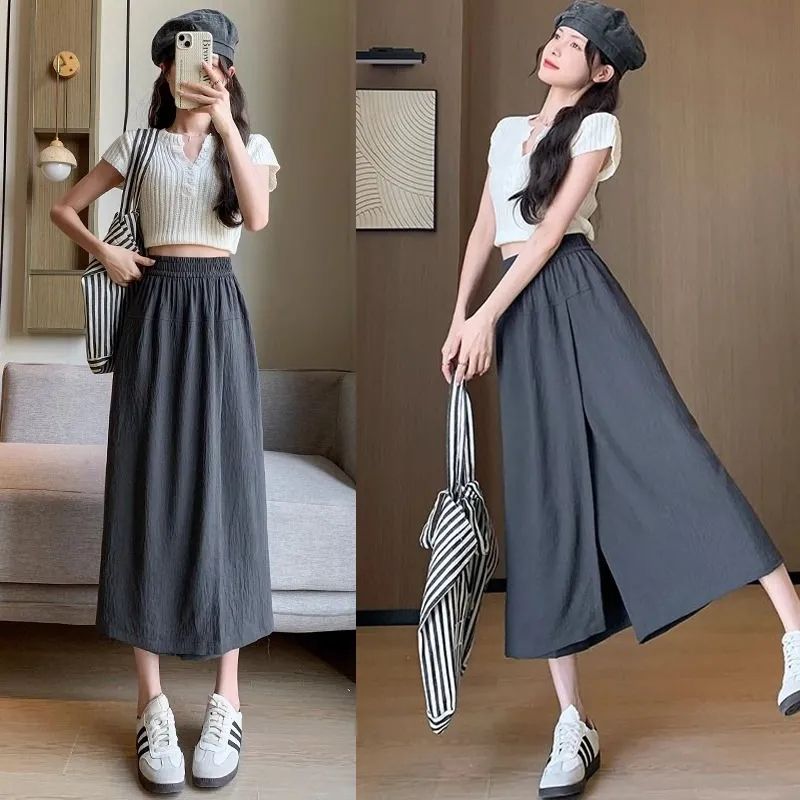 Nouveau pantalon jupe d'été pour femme, coupe ample, jambe large, style décontracté, coupe courte, effet usé légèrement, style jeune et frais