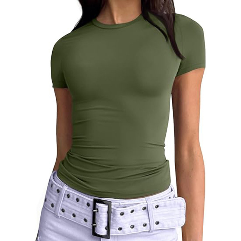 1 pièce T-shirt de sport pour femme et fille, uni, basique, à manches courtes, coupe ajustée, col rond, sexy, pour fitness, course et yoga, haut décontracté