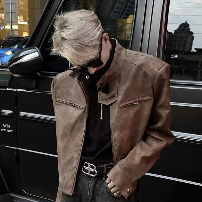 Veste pour homme, veste de moto rétro, style coréen tendance, veste courte marron vintage printemps automne, veste d'extérieur de style streetwear
