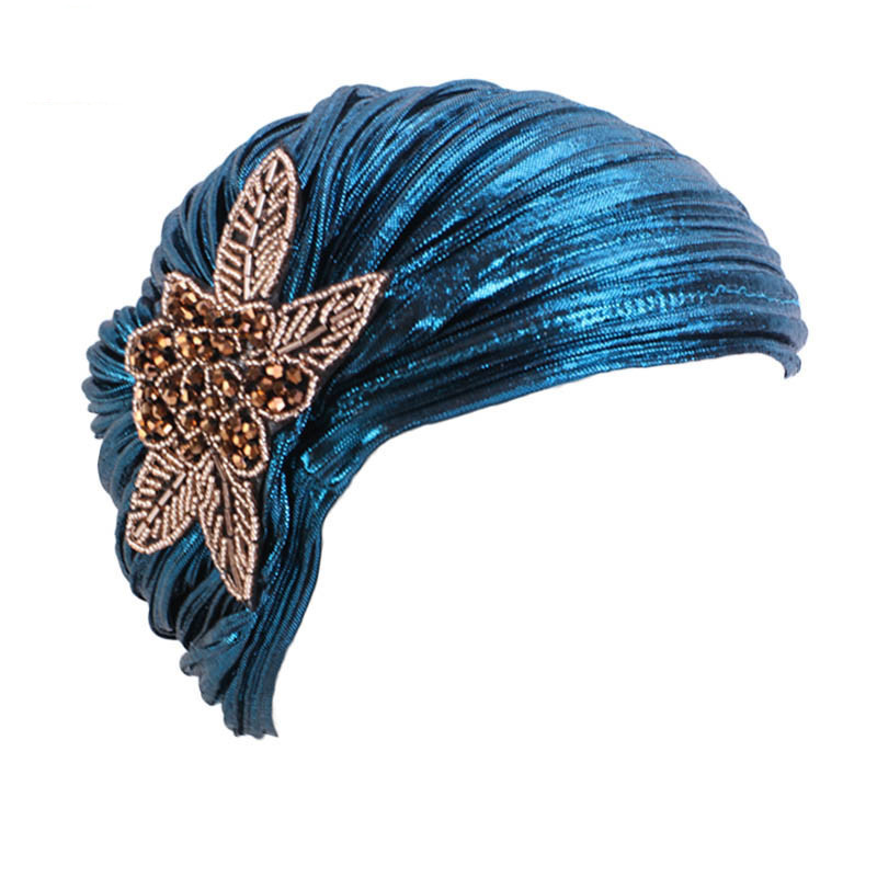 Bonnet turban à paillettes pour femmes, bonnet hijab musulman, casquettes indiennes plissées, chapeau pour dames, accessoires pour cheveux, or, argent, diamant, bijoux, mode