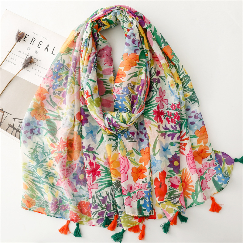 Écharpe imprimée plante tropicale, châle fin et respirant de style élégant avec glands, serviette de plage coupe-vent de protection solaire d'été pour femmes