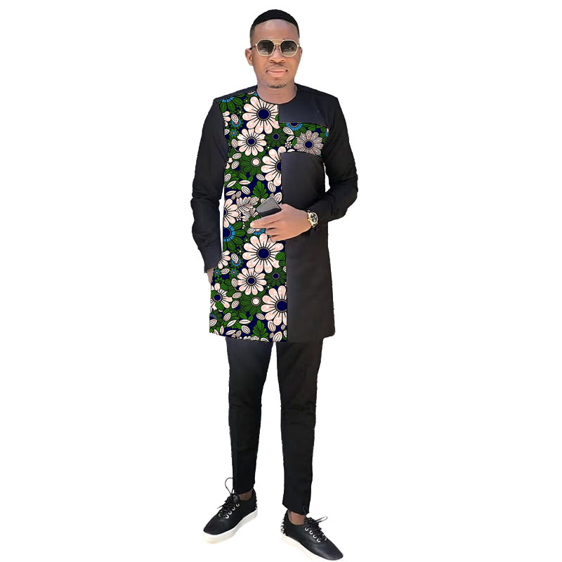 Ensemble noir de Couture africaine pour hommes, hauts en Patchwork avec pantalon, mode nigériane, Design Original, vêtements de fête, costume de marié