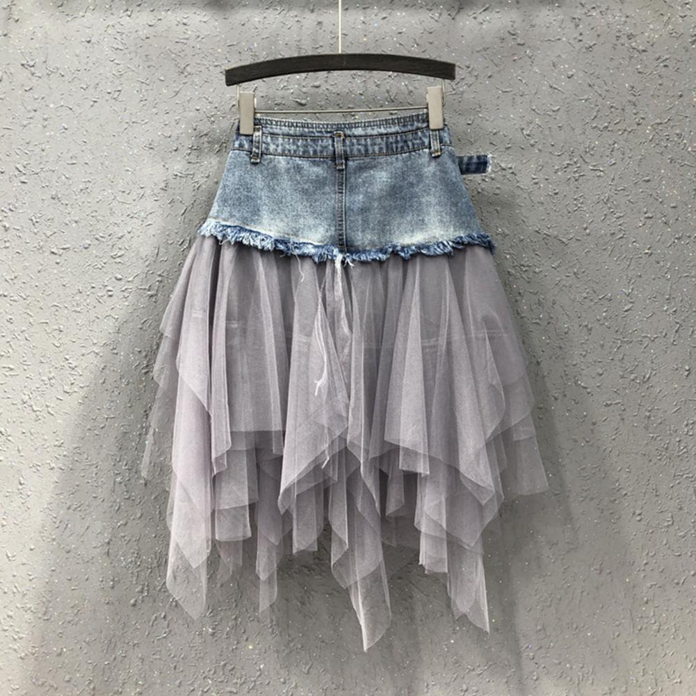 Jupe en jean taille haute pour femme, élégante, avec empiècements en maille, coupe trapèze, ourlet asymétrique, polyvalente pour le travail