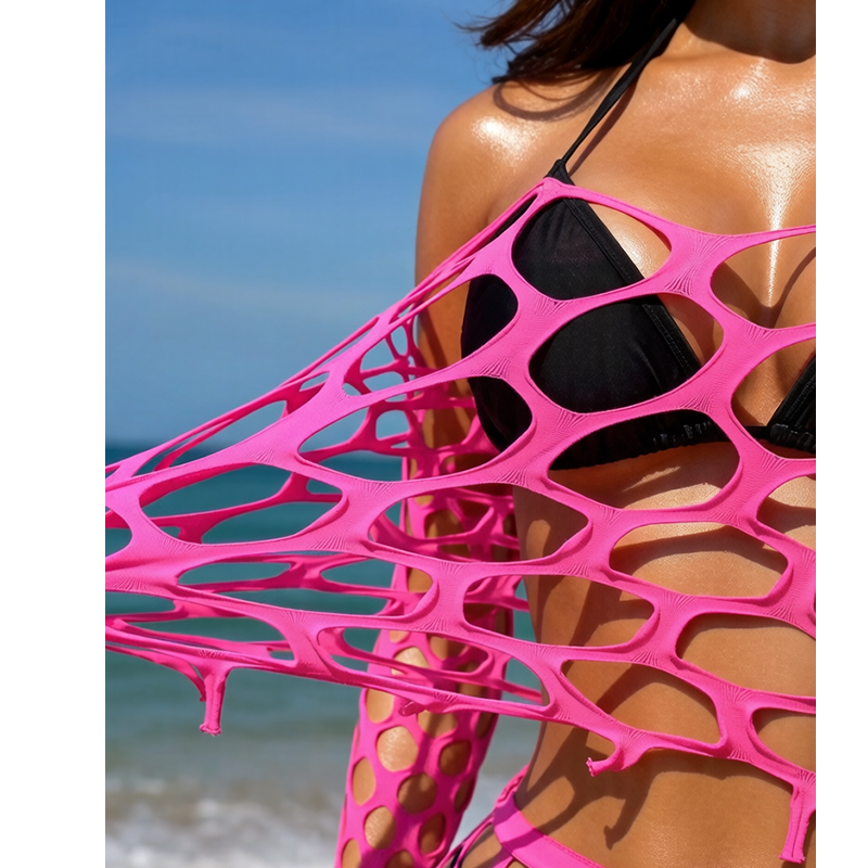 1 Ensemble Robe de plage moulante pour femme à manches longues, transparente, en résille, ajourée et à franges