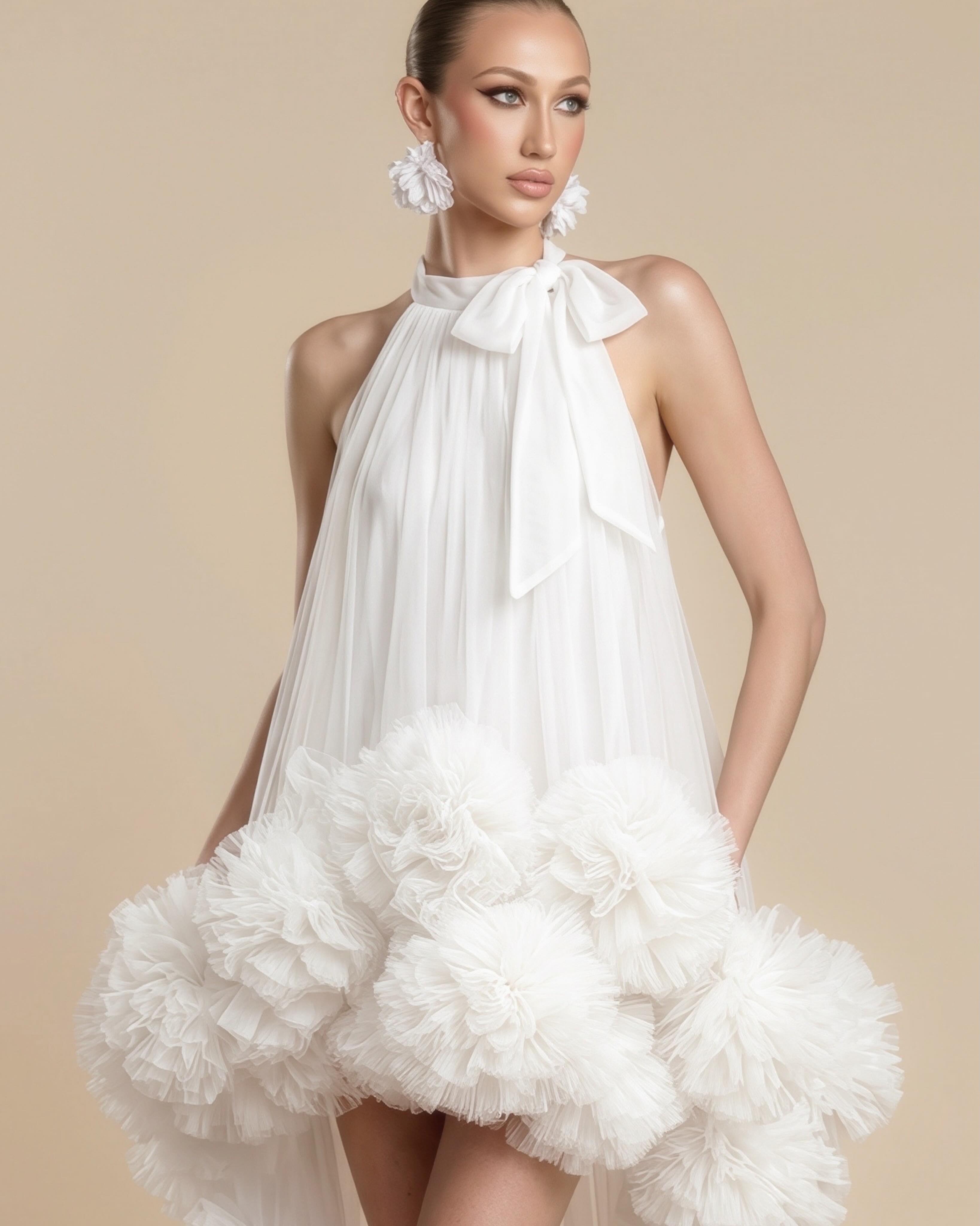 Nouvelle Robe Blanche 2026 à Col Halter pour Femme, avec Volants Floraux 3D, Coupe Asymétrique, Robe de Soirée/Cocktail, Taille Empire, Idéale pour Invitée de Mariage Formelle