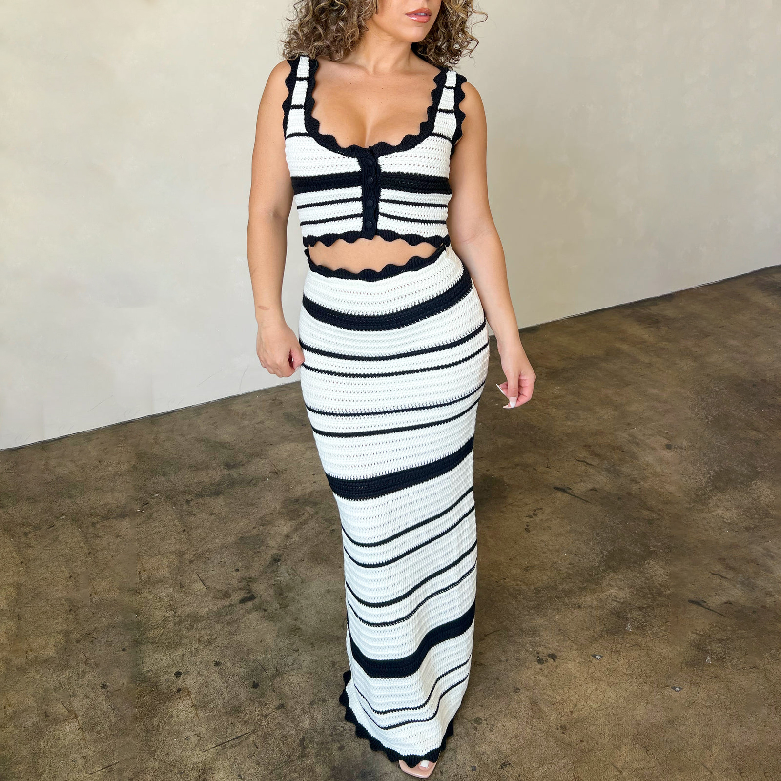 Ensemble Jupe et Haut à Rayures pour Femme, Tenue Élégante, Fermeture à lèvent, Précieux, Taille Haute, Maxi, Chic, Trempé, Été, 2 Pièces