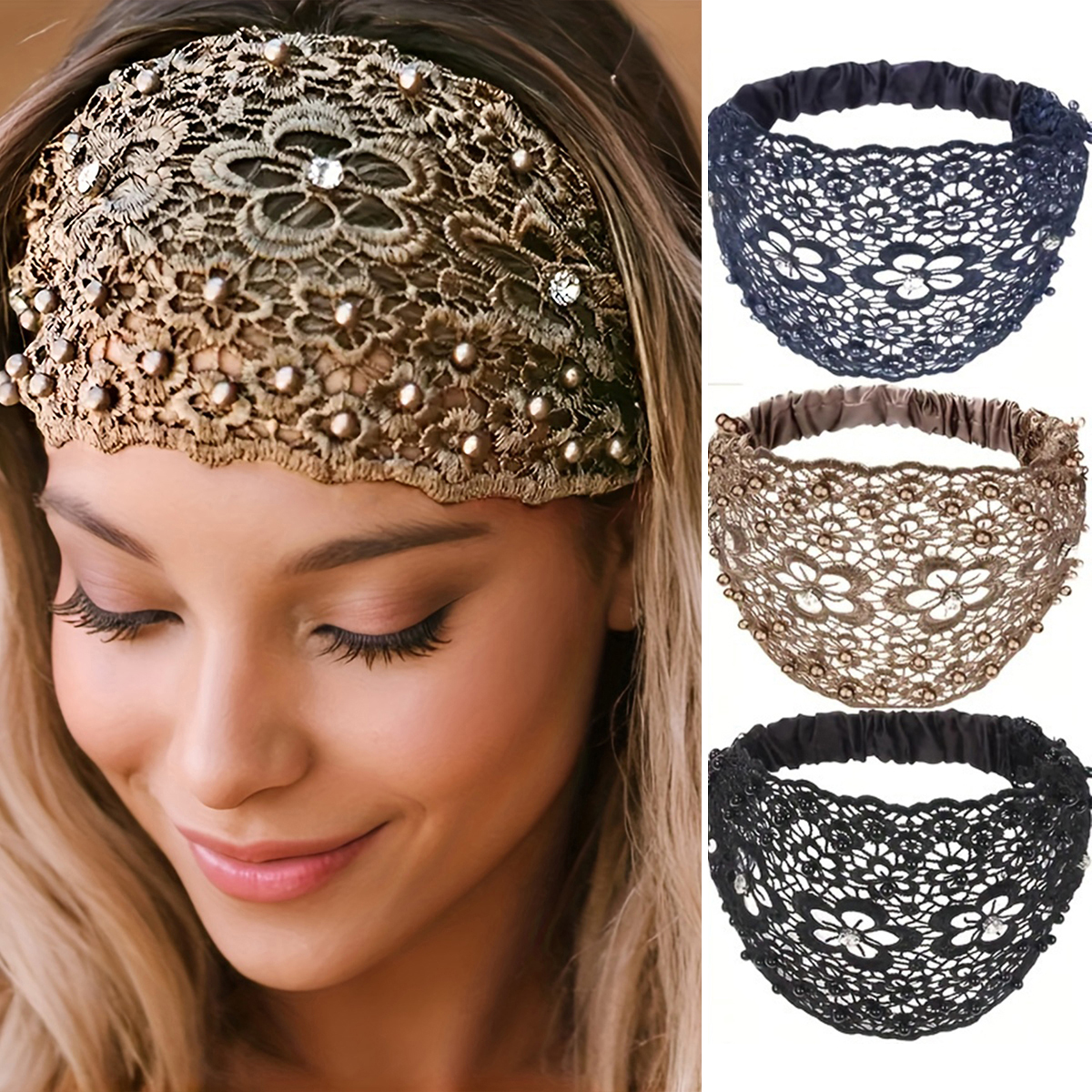 Ensemble de bandeaux bohèmes, bandeaux larges en dentelle vintage pour femmes - Bandeaux élastiques en maille pour le yoga, la gym et la course à pied, accessoires de cheveux vintage