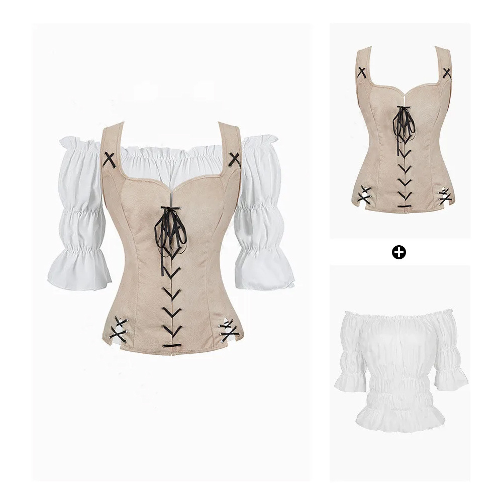 Costume de Pirate pour femmes, gilet médiéval, Cosplay, grande taille, chemisier médiéval, hauts, ensemble 2 pièces, gilet Renaissance, marron, noir, bleu, rouge