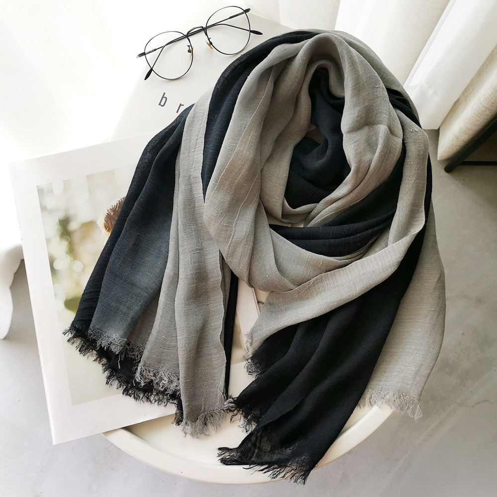 Écharpe unisexe en coton et lin de style japonais, dégradé de couleurs, automne-hiver, longues écharpes et châles doux, bufanda courte à franges pour femme