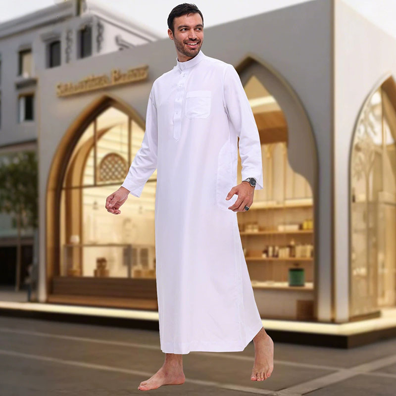 Vêtements islamiques pour hommes, robe longue blanche à manches longues, robe longue musulmane, abaya, kaftan arabe, col à boutons, thobe, jubba