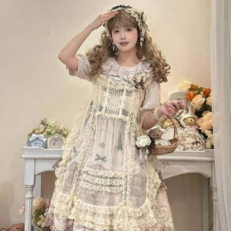 Robe de style japonais pour femmes, style Kawaii, avec nœud, col carré, en maille, à volants, robe cache-cœur, pour filles, style Y2K, mignonne, sans manches, Lolita, Smock