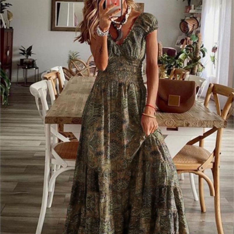 Robe d'été imprimée de Style ethnique pour femmes, manches courtes, taille, à la mode, manches pétales florales, grand ourlet, robe trapèze