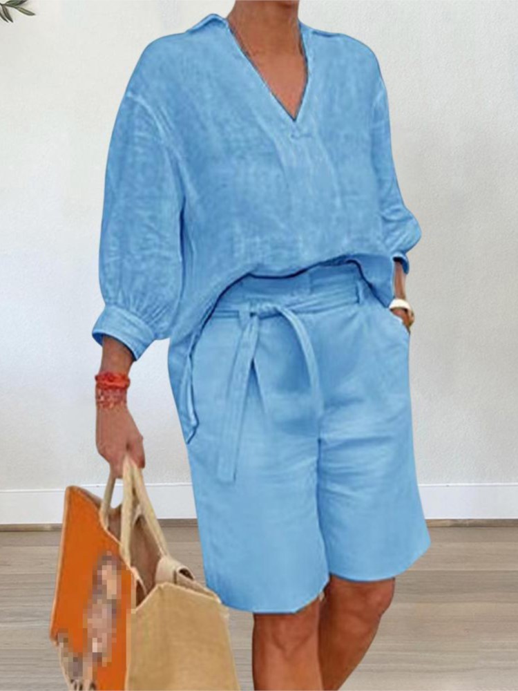 Ensemble Deux Pièces Élégant pour Femme, Chemise Décontractée à Demi Manches, Col en V, Short avec Ceinture de Poche, Tenues d'Été en Coton et Lin