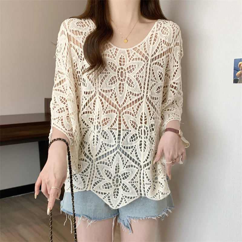 Haut en dentelle au crochet pour femme, transparent, ajouré, brodé de fleurs, en maille, ample, style bohème, pour l'été et les vacances à la plage
