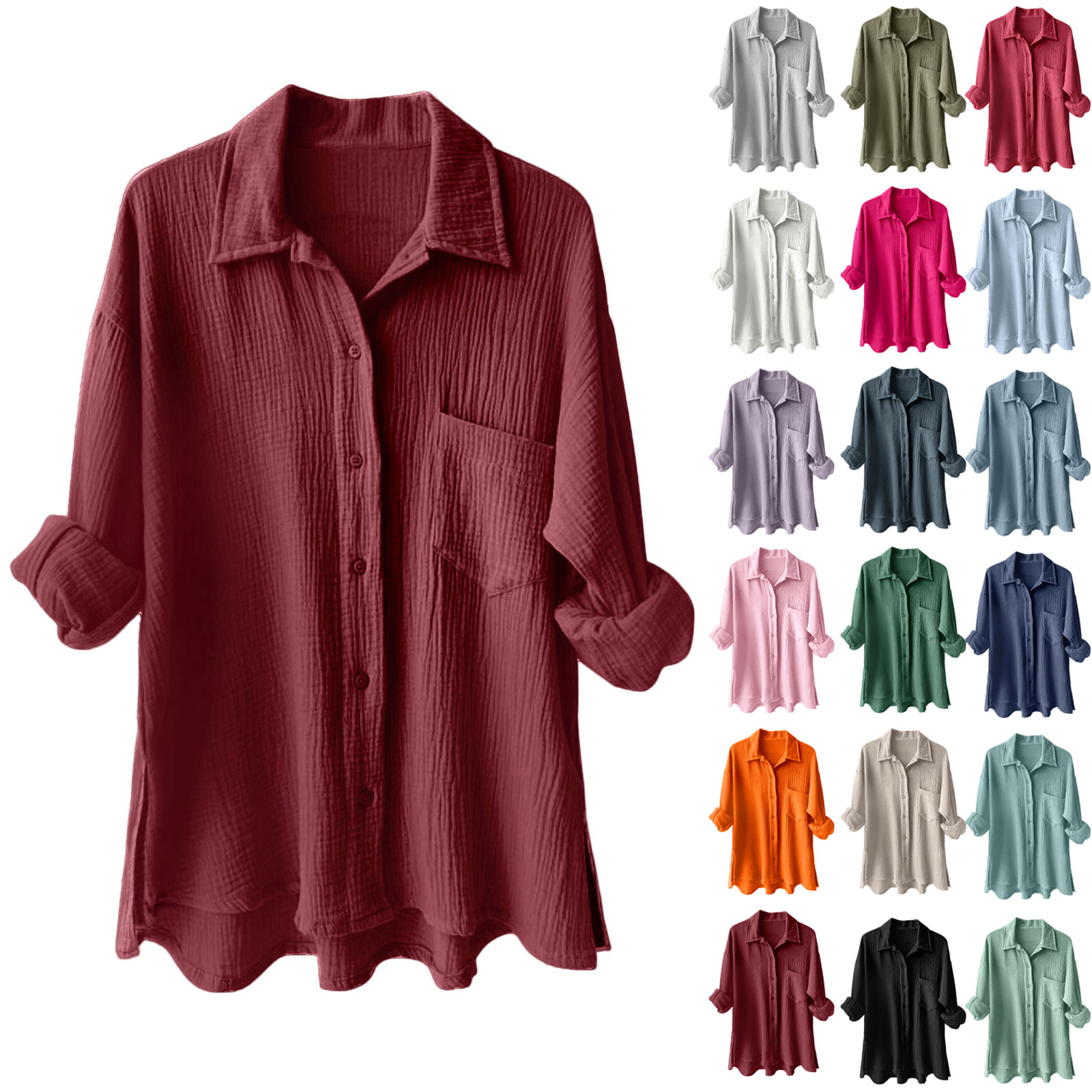 Chemisier d'été pour femme, chemise en mousseline de coton et lin, hauts de printemps couleur unie à manches longues boutonnées avec poches