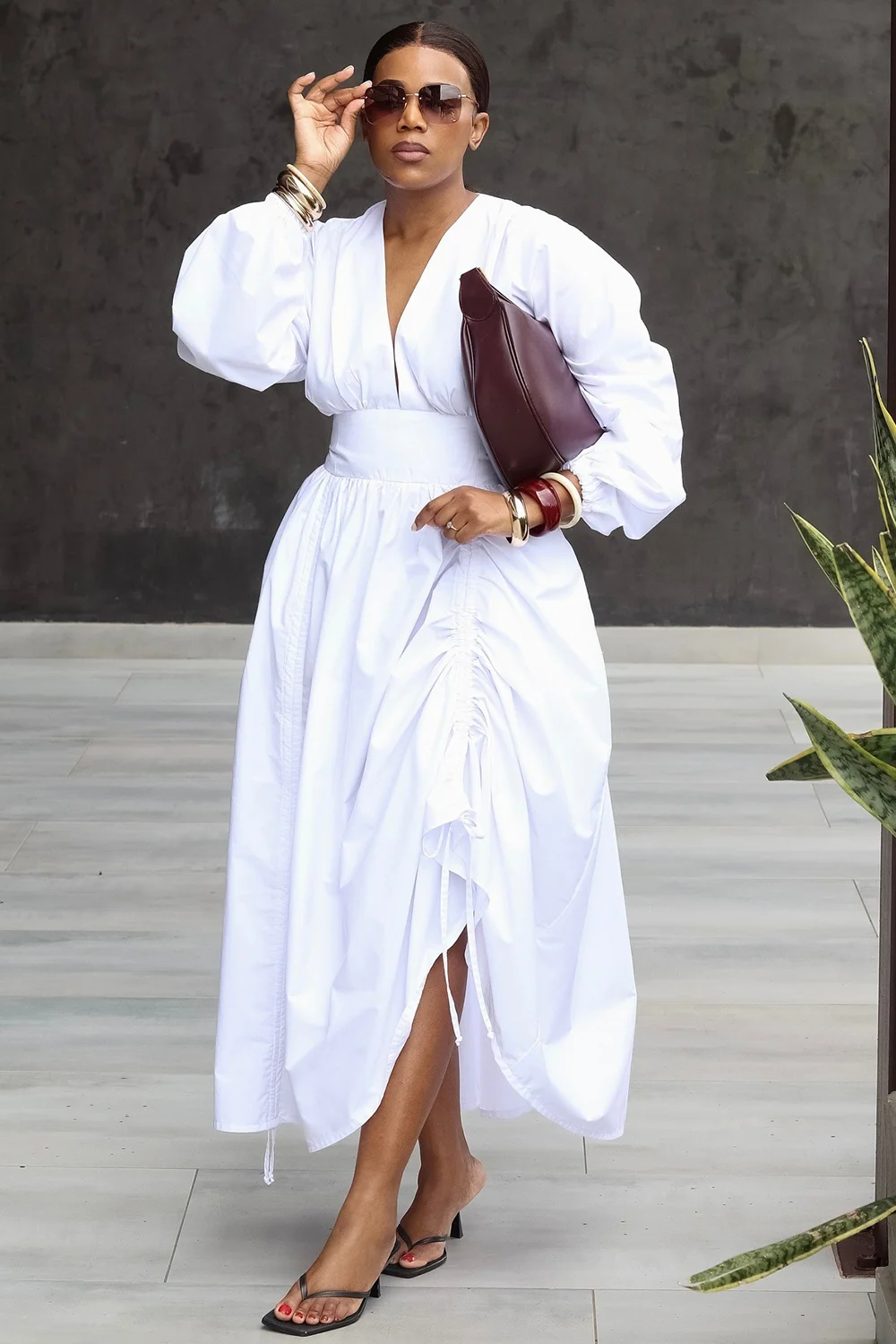 Robe chemise longue pour femme grande taille, col en V, manches bouffantes, taille haute, froncée, fente latérale, élégante, décontractée, pour soirée et vacances