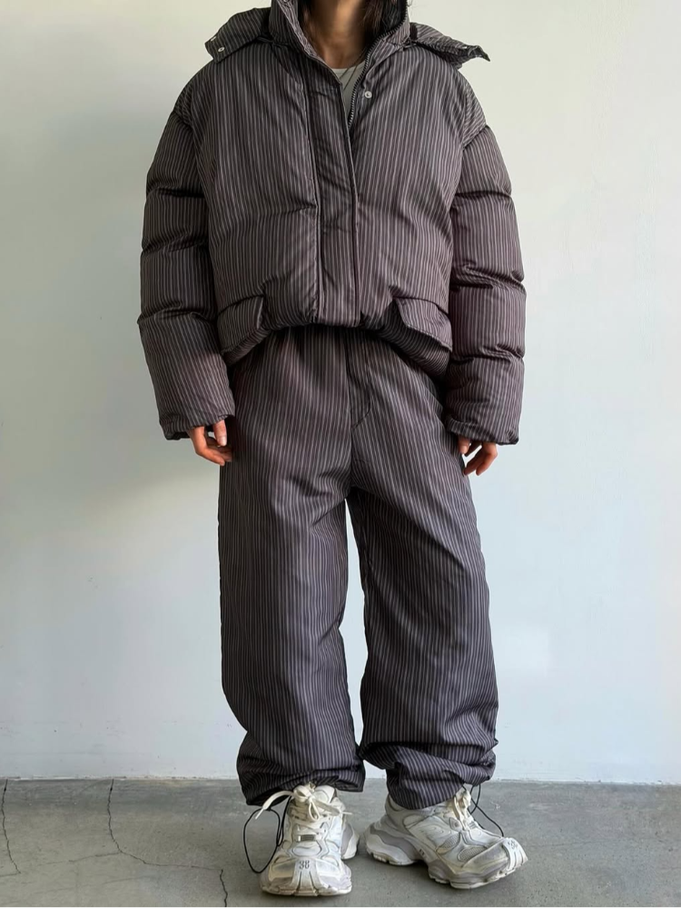 Ensemble deux pièces mode en coton rayé pour femme : Manteau à capuche zippé et pantalon large – Tenue quotidienne automne-hiver 2026