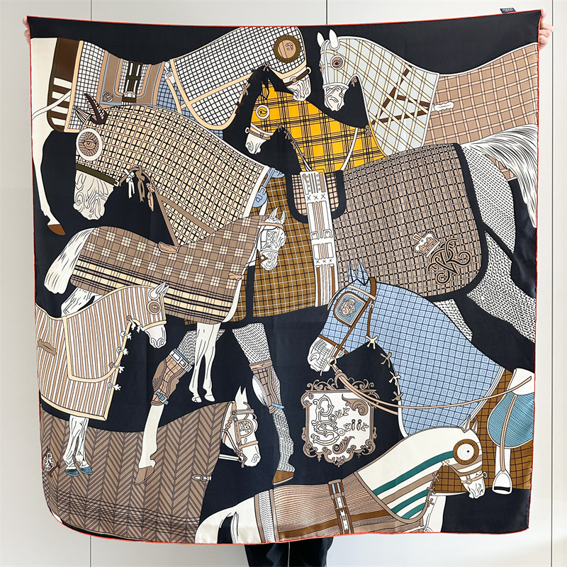 Grand foulard en twill pour femmes, châles carrés, foulards de luxe de créateurs, foulards de printemps, vêtements, décoration du cou, 135 cm, imprimé cheval