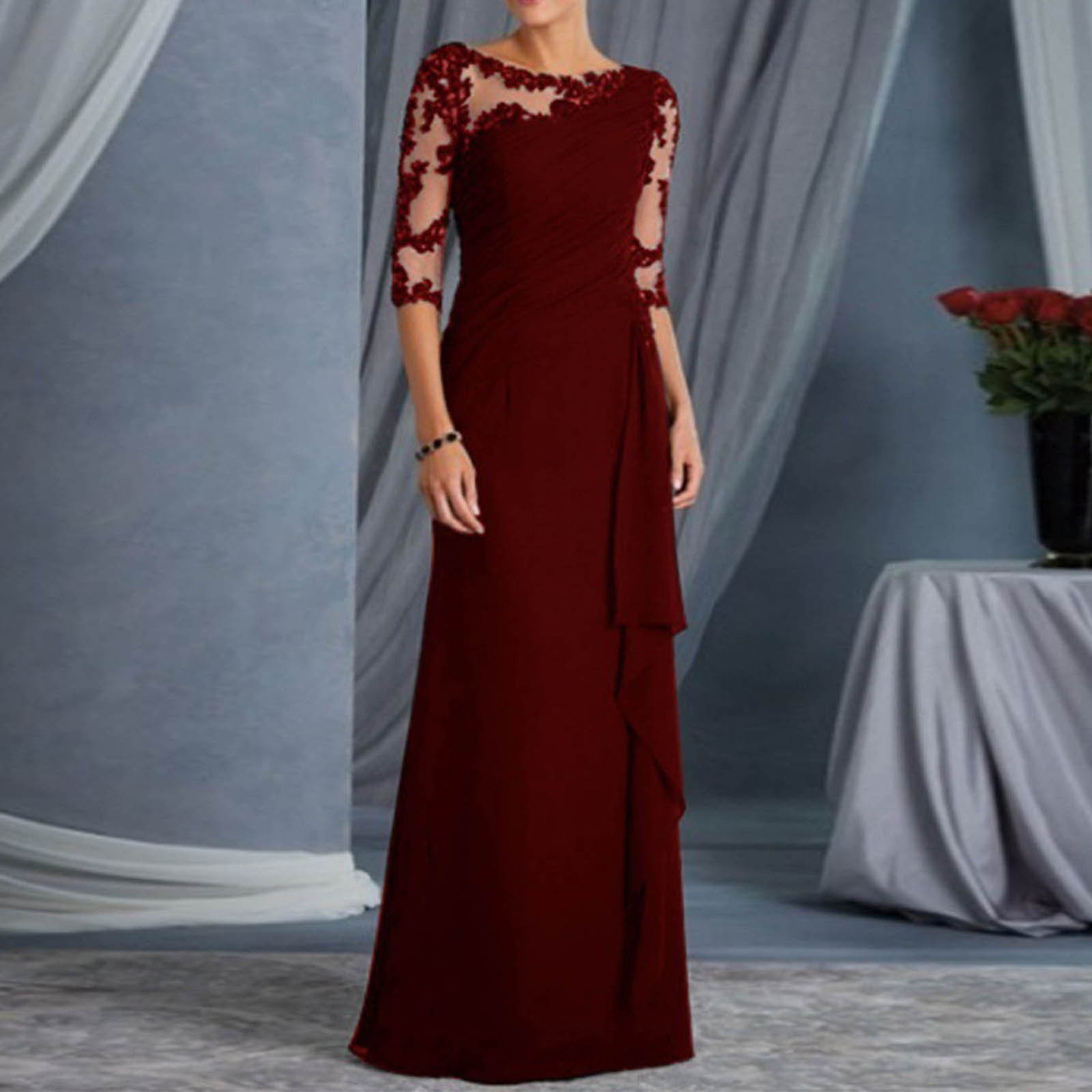 Robe Longue en Dentelle pour Femme, Tenue Élégante, Sexy, Transparente, Col Rond, Manches Mi-sulf, Couleur Unie, pour Soirée, Bal, Cocktail