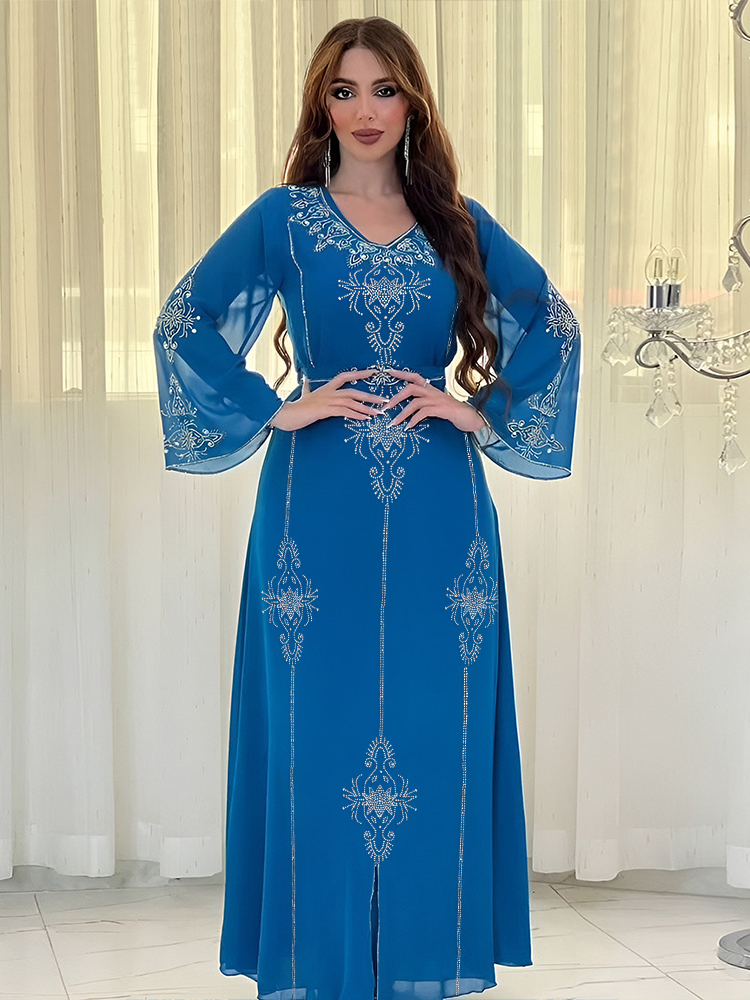Eid Jalabiya-Robe de soirée musulmane pour femme, abayas arabes à lacets en diamant, robes longues, robe élégante, robe éducative pour le Ramadan