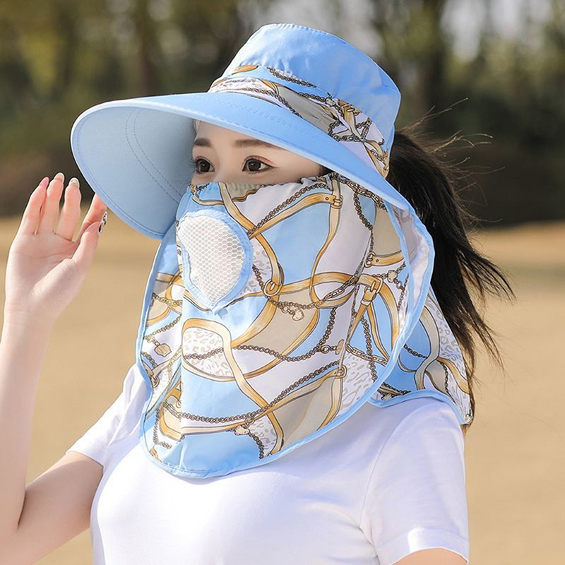 Chapeau d'ombrage de travail de jardin à large bord pour femmes, poignées de masque facial, chapeau de soleil amovible, imprimé extérieur, chapeau de poisson respirant, protection UV, été