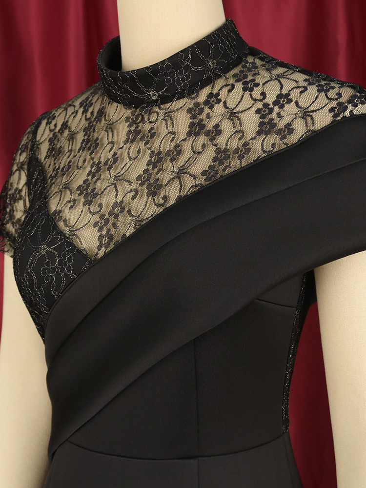 Robe de soirée élégante à col haut pour femme, vêtements sexy, couture en dentelle, queue de poisson, coupe couvertes, noir, grande taille, célébrité, maxi