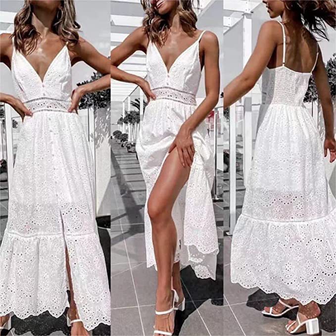 Robe longue de soirée en dentelle blanche, vintage, manches longues, longueur au sol, sexy, dos nu, maxi, été