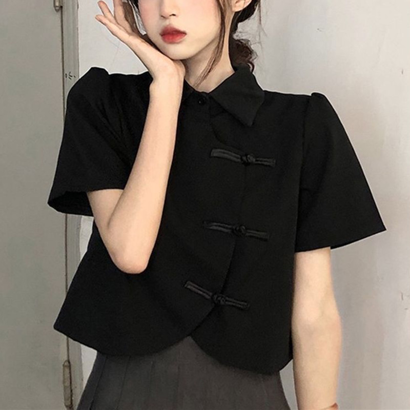 Femmes Blouse été à manches courtes blanc noir chemises Style chinois mode femme hauts courts dames chemise Blouses pour les femmes