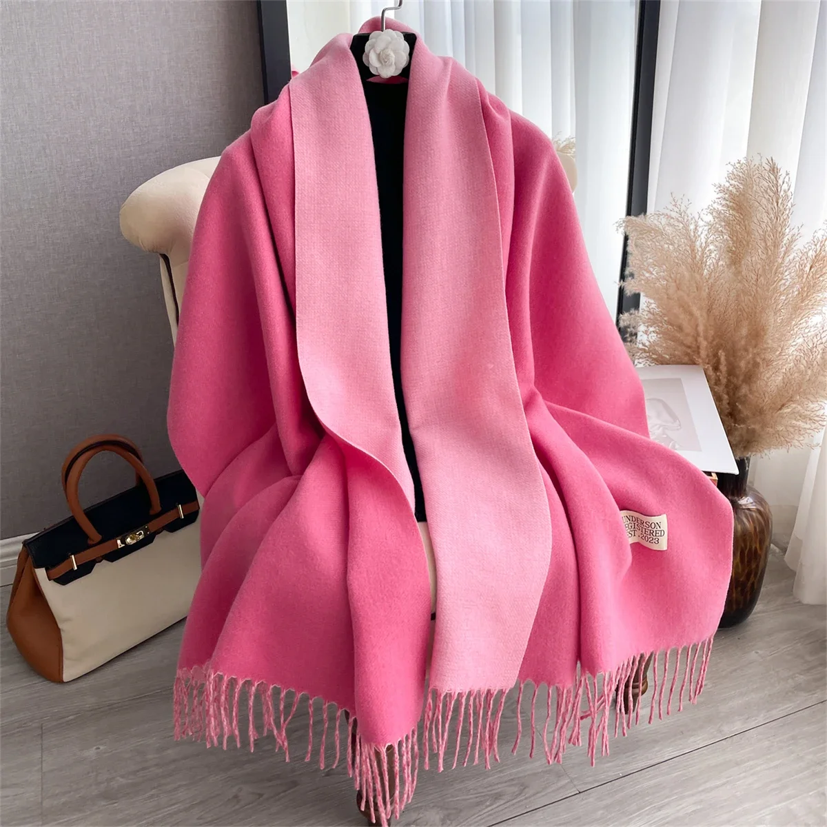Écharpe en Cachemire pour Femme, Pashmina Chaud, Longue Couverture Optique, Châles à Pompons Doux, Enveloppes, Étoles, Solide, Hiver