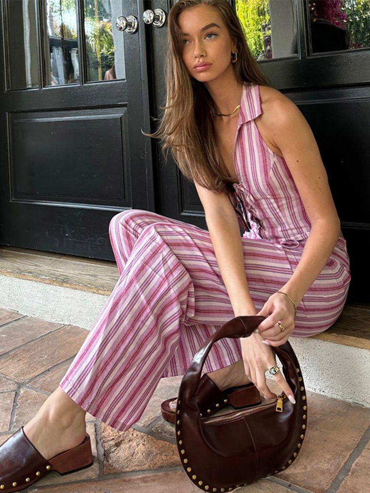 Ensemble pantalon et veste à lacets rayés pour femmes, haut chic sans manches et dos nu, pantalon taille haute, costumes, nouvelles tenues streetwear pour femmes
