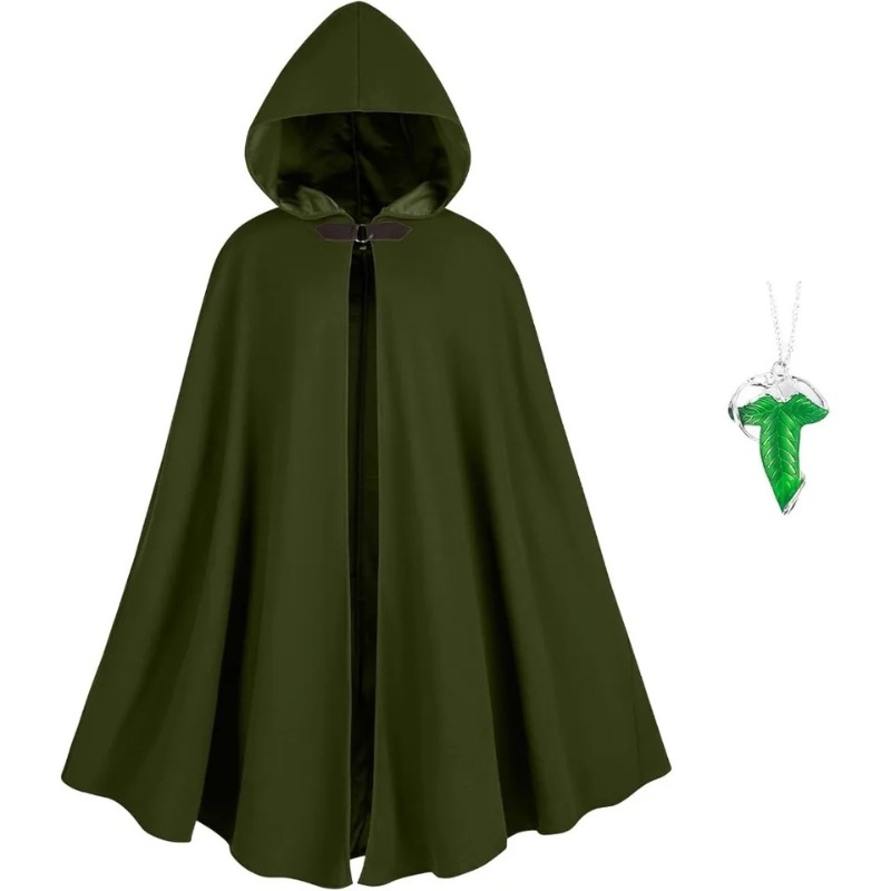 Cape médiévale verte à capuche avec broche feuille et collier, ensemble vintage d'elfe ranger, cape de cosplay Halloween Renaissance pour adulte