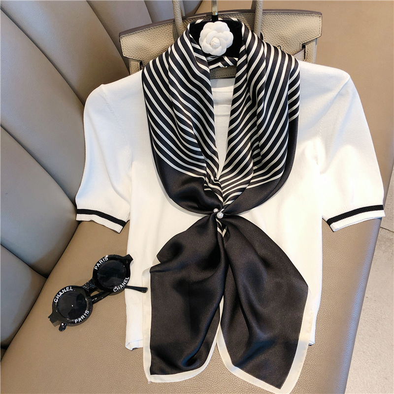 Foulard en soie imitation soie pour femme, grand châle enveloppant, écharpe carrée rayée, Bandana, 90x90cm