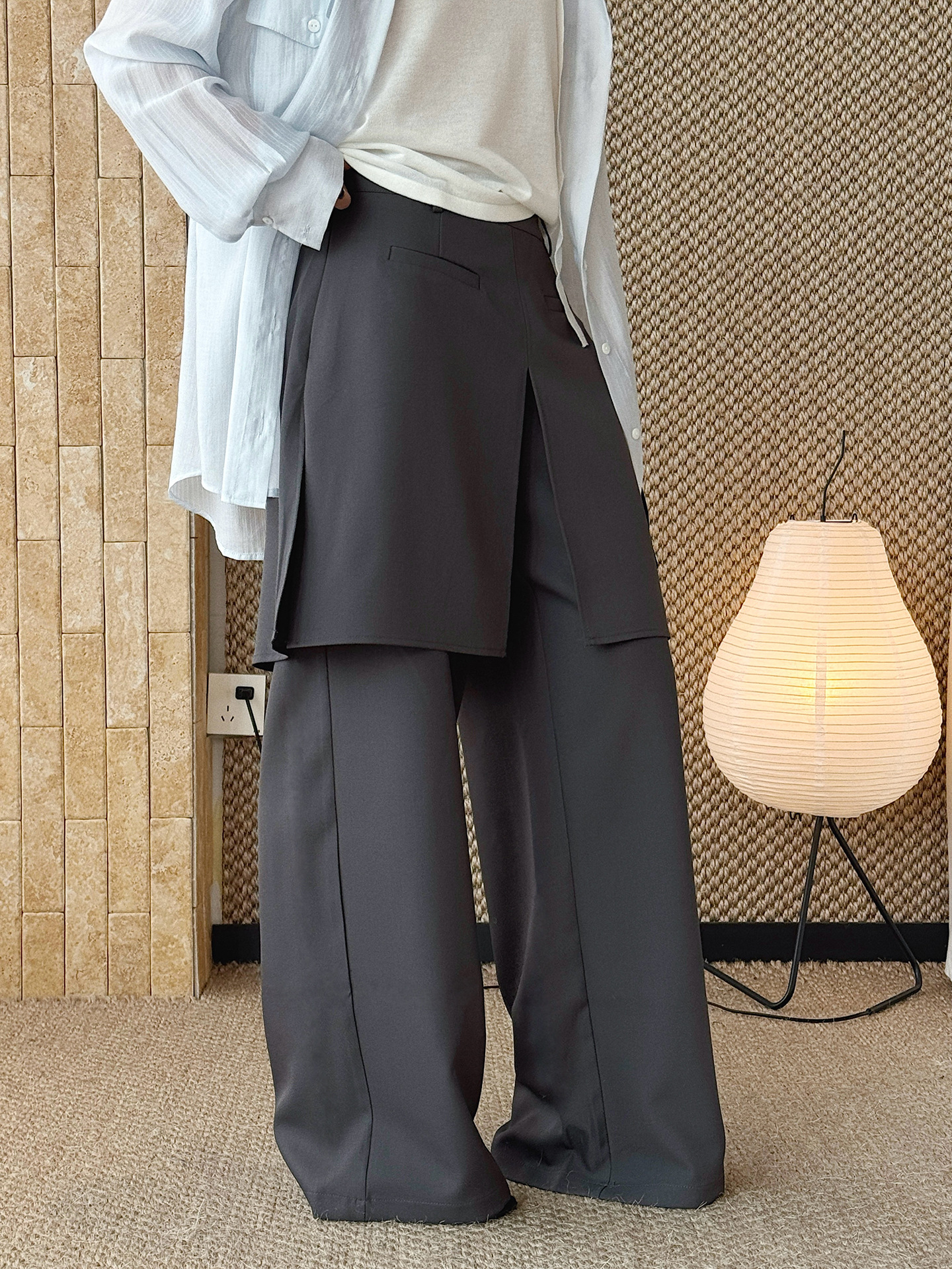 Nouveauté été : Pantalon décontracté coréen déstructuré à superpositions non amovibles, coupe droite, effet lisse, pour femme
