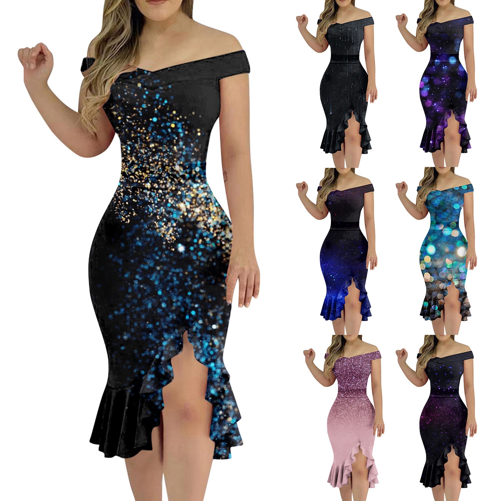 Robe de soirée à volants fendus pour femmes, longueur au genou, paillettes, tambour, mode, robes élégantes, sexy, hors initié