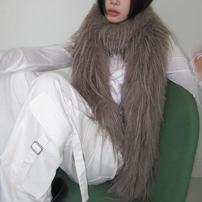 Écharpe à cheveux longs marron, châle en peluche de couleur unie, chaud et épais avec pompon, Imitation fourrure, chaîne pour femmes, cadeau du nouvel an, hiver