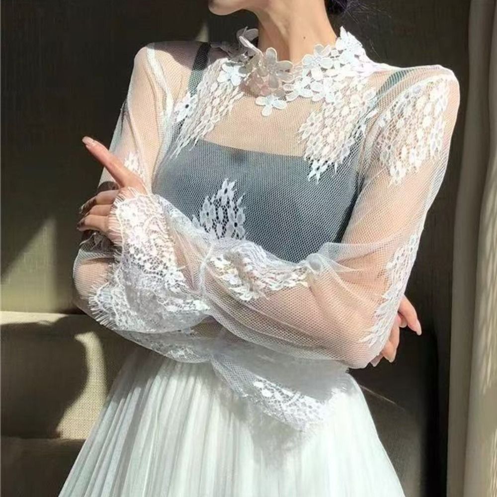 Nouvelles Blouses Noires en Dentelle à Manches Longues Évasées en Maille, Blouses en Maille à Col Montant avec Broderie Florale, Blouse Transparente pour la Saison Estivale