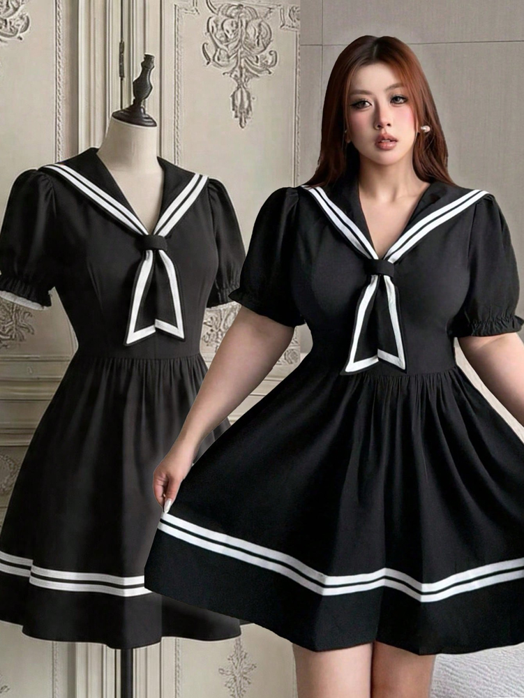 Robe d'été de style princesse pour filles grandes tailles |   Jupe midi tendance de style preppy |   Manches courtes |   Coupe en forme de A |   Polyester