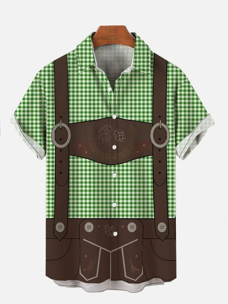 Chemises Hawaïennes à Manches Courtes pour Hommes, Nouveauté, Imprimé Complet, Motif Carreaux Bleus Classiques et Style Salopette, pour la Plage et l'Oktoberfest