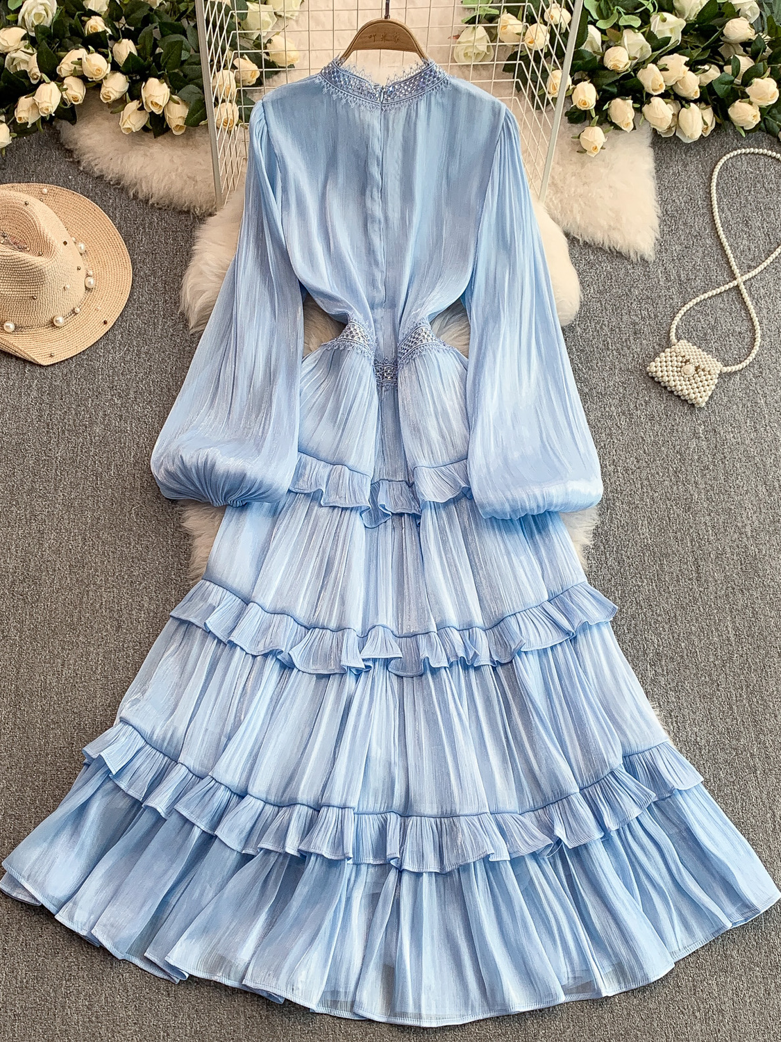Neploe exquise français Vintage dentelle Ropa Mujer dentelle Patchwork col en V lanterne manches robe avancée brillante soie volants robes