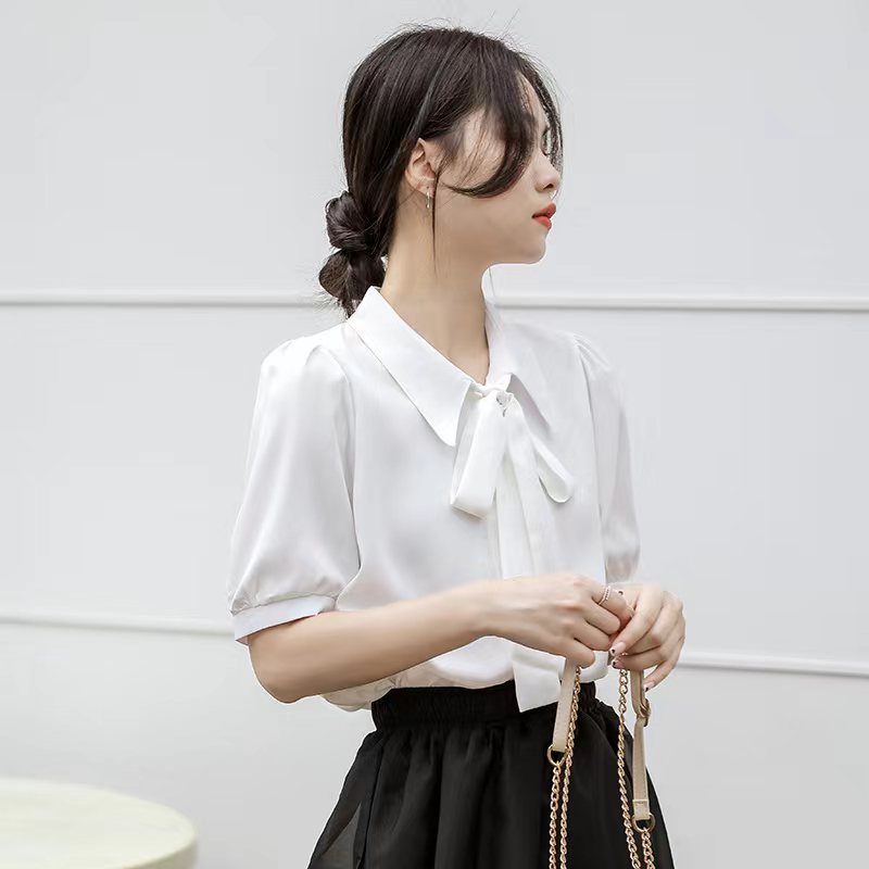 Chemisier Vintage Élégant en Mousseline de Soie pour Femme, Chemises Décontractées à Manches Courtes, Vêtements de Travail Solides, Nouvelle Collection Été 2024