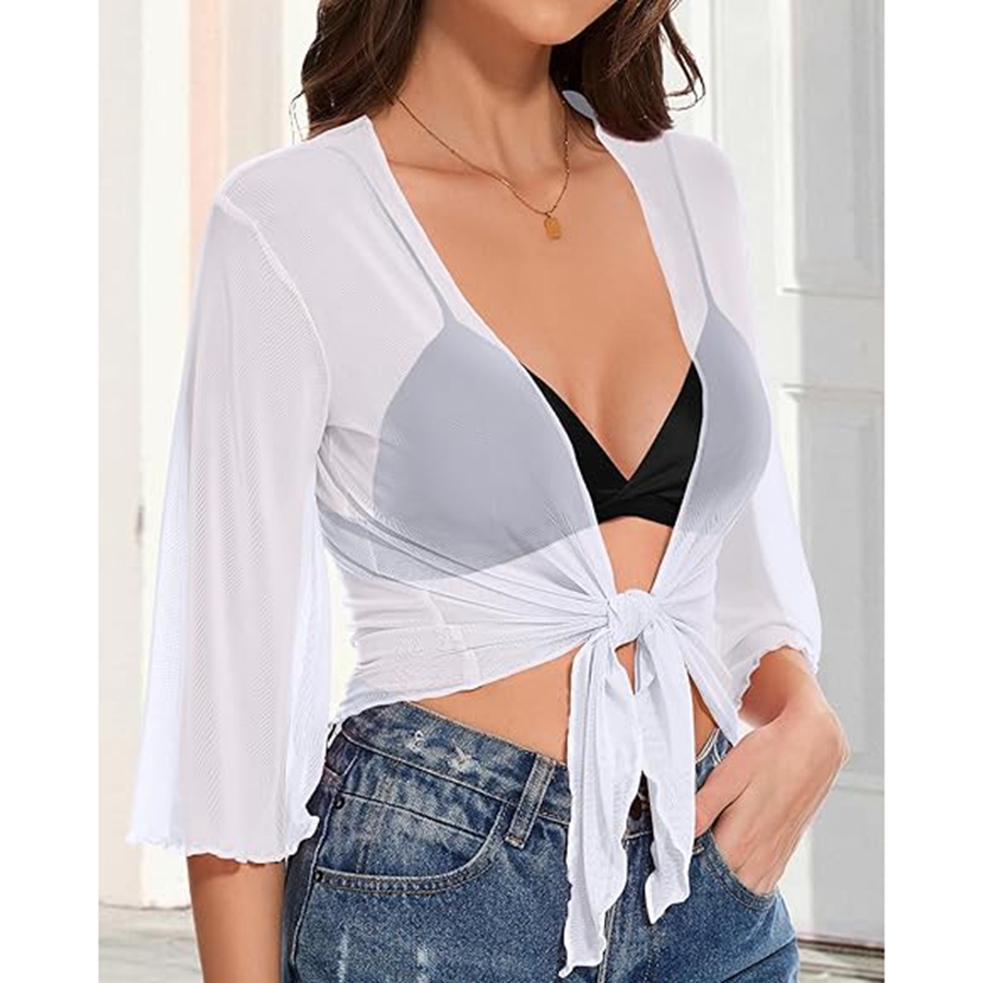 Combhasaki Cardigan court pour femme, boléro transparent à nouer sur le devant, haut à manches 3/4, veste courte, cache-maillot de bain, tenue de plage