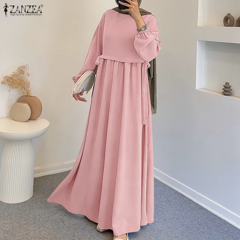ZANZEA – robe longue kaftan musulmane pour femmes, manches lanternes, à lacets, couleur unie, plissée, robe longue islamique, Abaya