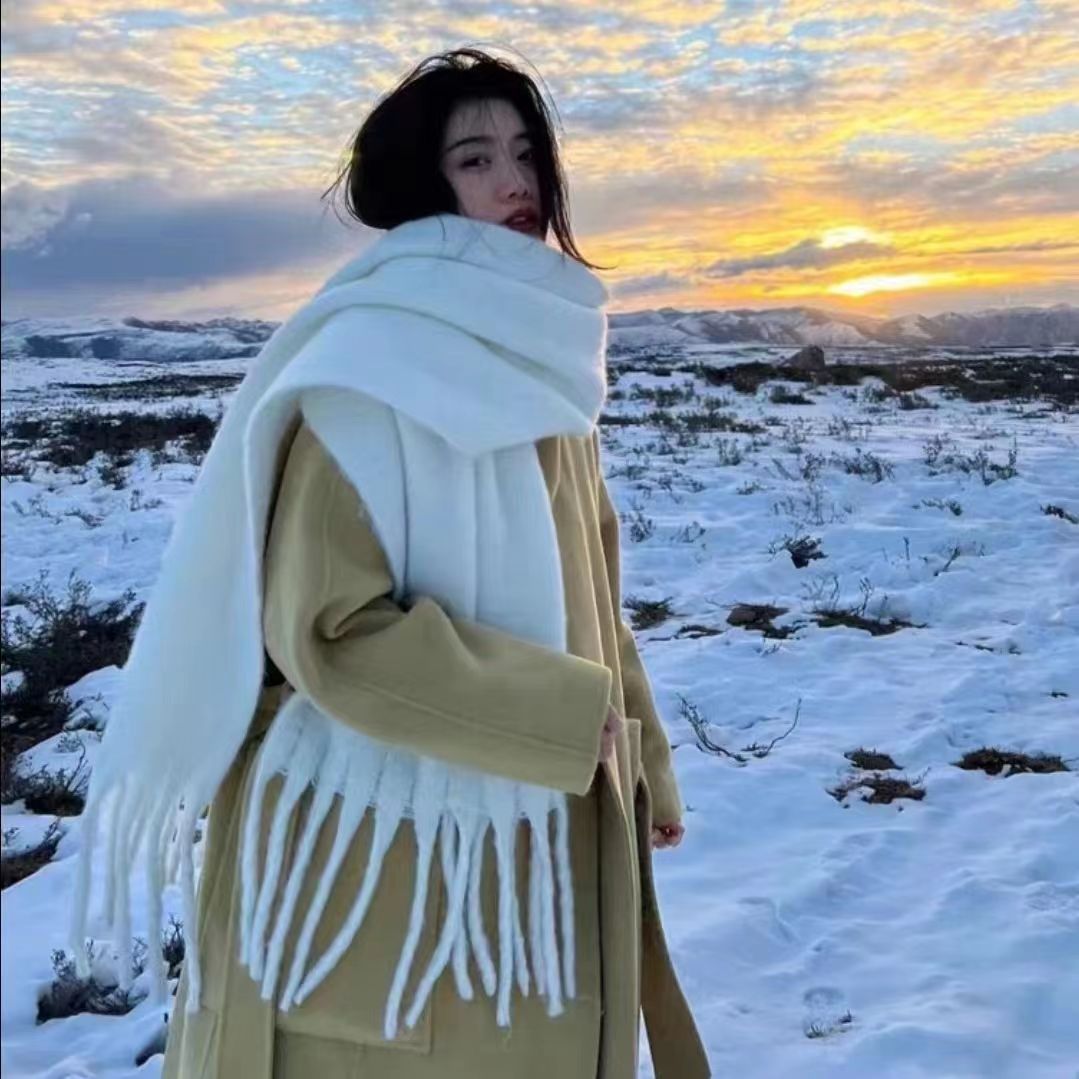 Écharpe d'hiver douce, couleur unie, longue et chaude, à pampilles, Mohair épais, châles enveloppants pour femmes et filles, 1 pièce