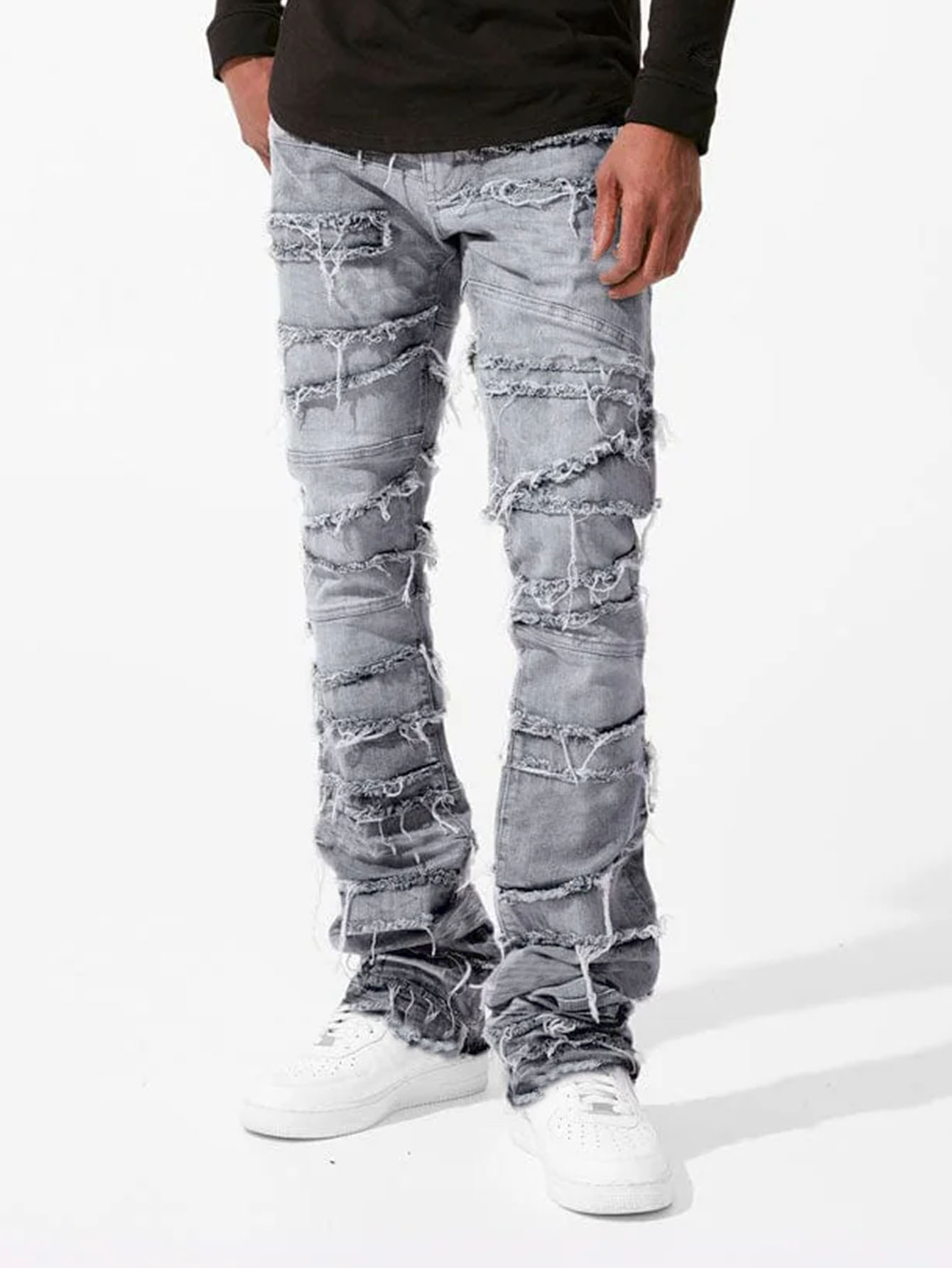 2025 nouveaux jeans empilés hommes patchwork épissé Denim déchiré lavage effiloché pantalon homme Streetwear hommes gland moto jean